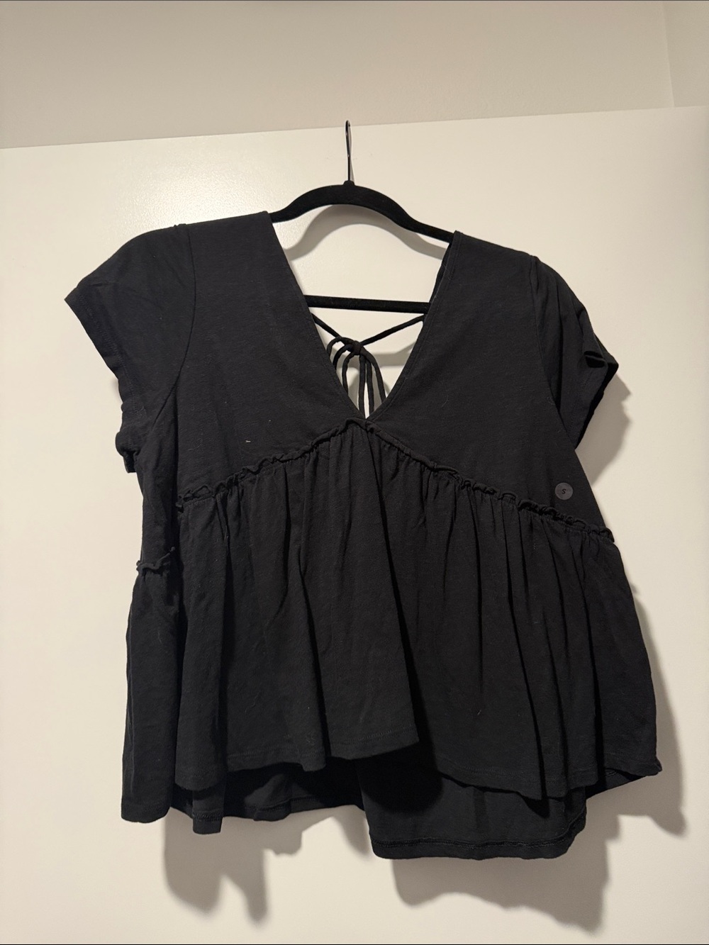 American Eagle Outfitters Black Short-Sleeve Peplum Top with Back Tie Detail